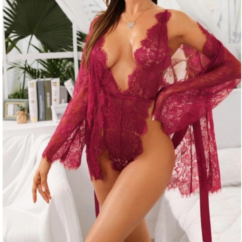 Embroidered mesh lace up bodysuit with robe - Picture 3 of 11